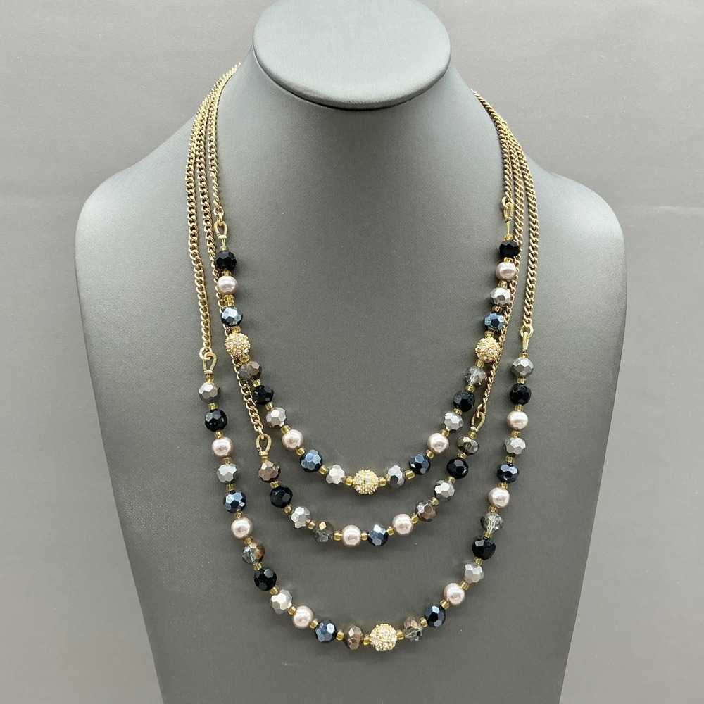 Talbots Layered Necklace Women Gold Black Faux Pearl Crystal Beaded Multi Strand